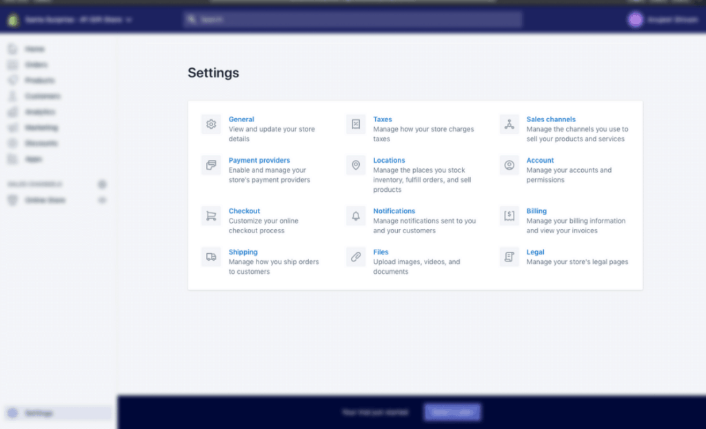 Shopify Settings page